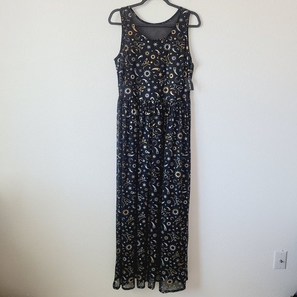 Cosmic Aura Astrology Celestial Stars Moon Foil Mesh Maxi Dress Plus Size 4X - Picture 1 of 7